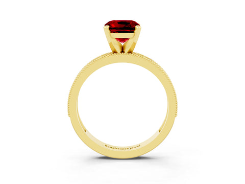 Yellow gold Cushion Cut Ruby Milgrain Pavé Engagement Ring with Four-Prong Setting_15