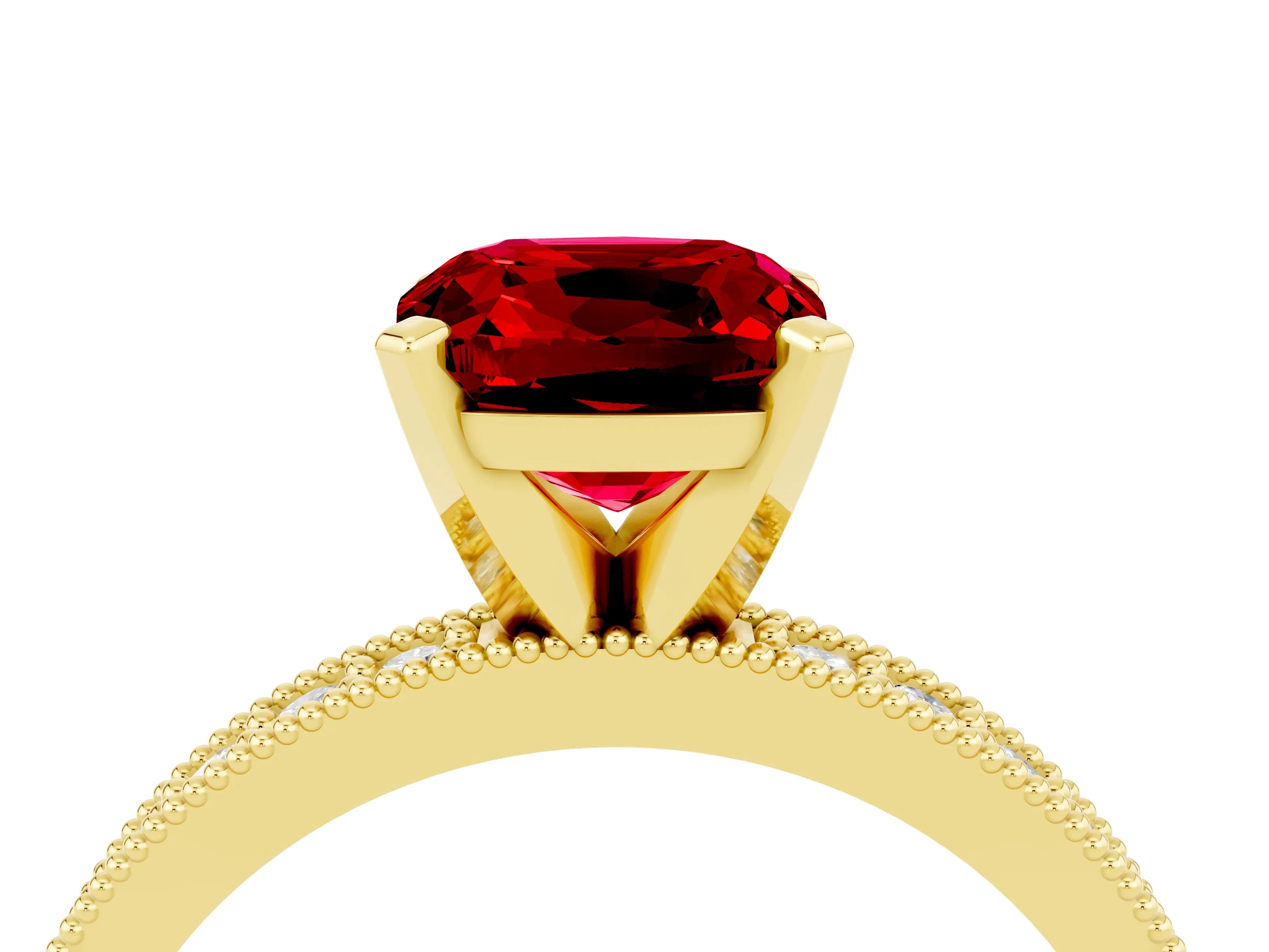 Yellow gold Cushion Cut Ruby Milgrain Pavé Engagement Ring with Four-Prong Setting_16