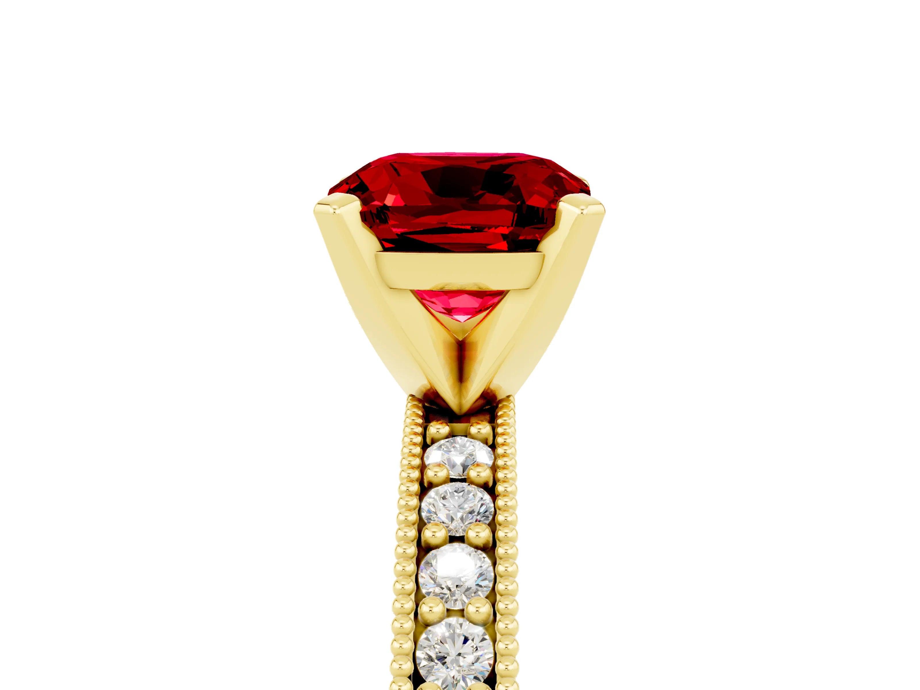 Yellow gold Cushion Cut Ruby Milgrain Pavé Engagement Ring with Four-Prong Setting_17