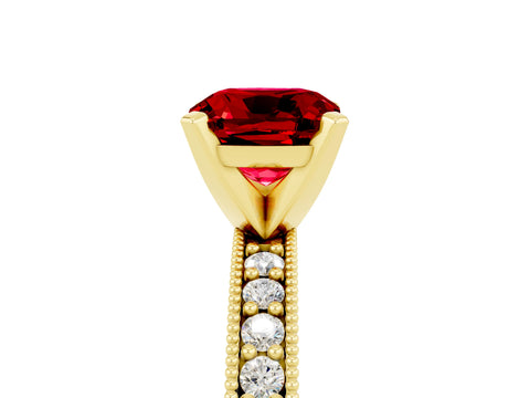 Yellow gold Cushion Cut Ruby Milgrain Pavé Engagement Ring with Four-Prong Setting_17