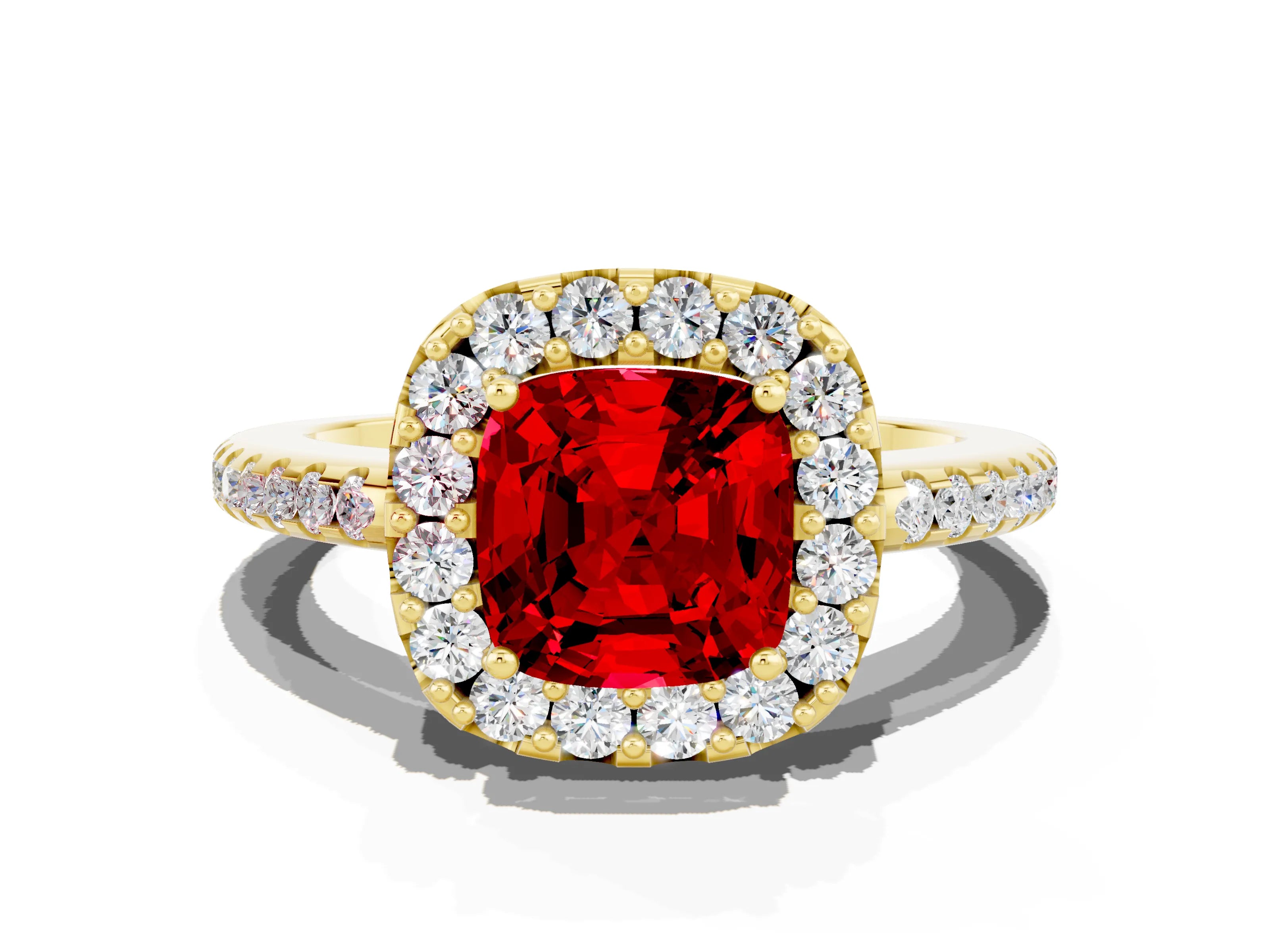 Yellow gold Cushion Cut Ruby Pavé Halo Ring with Four-Prong Setting_12