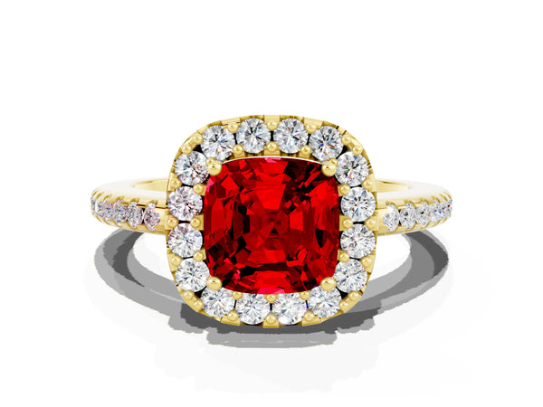 Yellow gold Cushion Cut Ruby Pavé Halo Ring with Four-Prong Setting