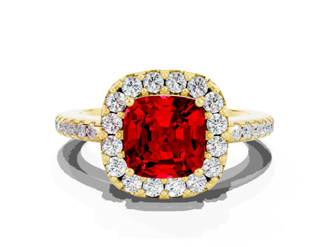 Yellow gold Cushion Cut Ruby Pavé Halo Ring with Four-Prong Setting_12