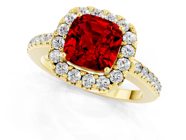 Yellow gold Cushion Cut Ruby Pavé Halo Ring with Four-Prong Setting