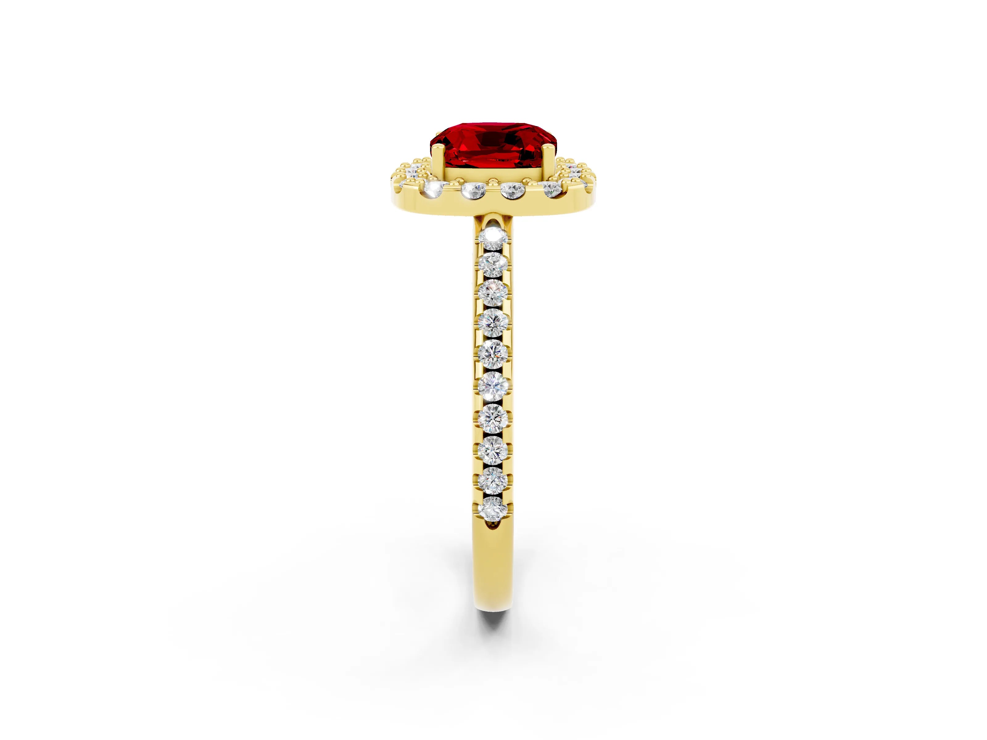 Yellow gold Cushion Cut Ruby Pavé Halo Ring with Four-Prong Setting_14