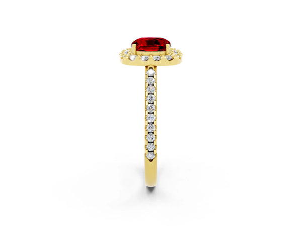 Yellow gold Cushion Cut Ruby Pavé Halo Ring with Four-Prong Setting