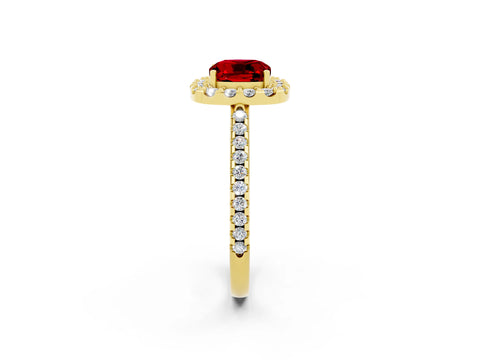 Yellow gold Cushion Cut Ruby Pavé Halo Ring with Four-Prong Setting_14