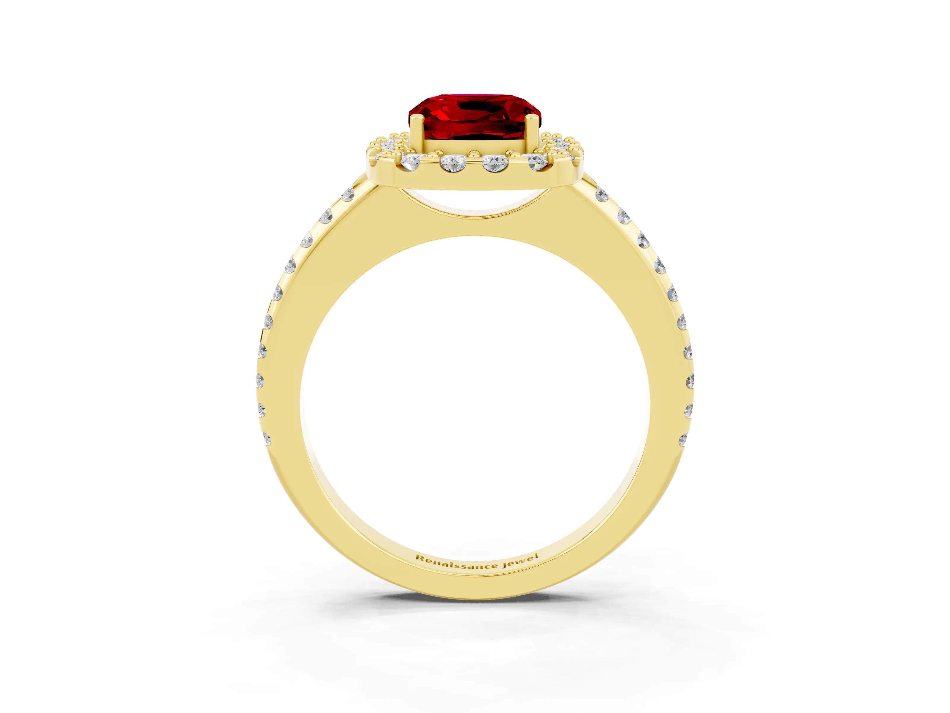 Yellow gold Cushion Cut Ruby Pavé Halo Ring with Four-Prong Setting_15
