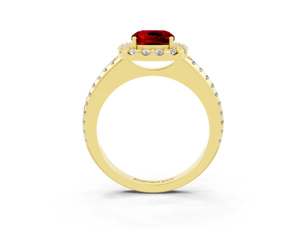 Yellow gold Cushion Cut Ruby Pavé Halo Ring with Four-Prong Setting