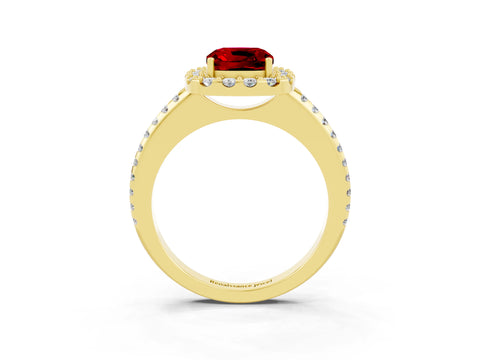 Yellow gold Cushion Cut Ruby Pavé Halo Ring with Four-Prong Setting_15
