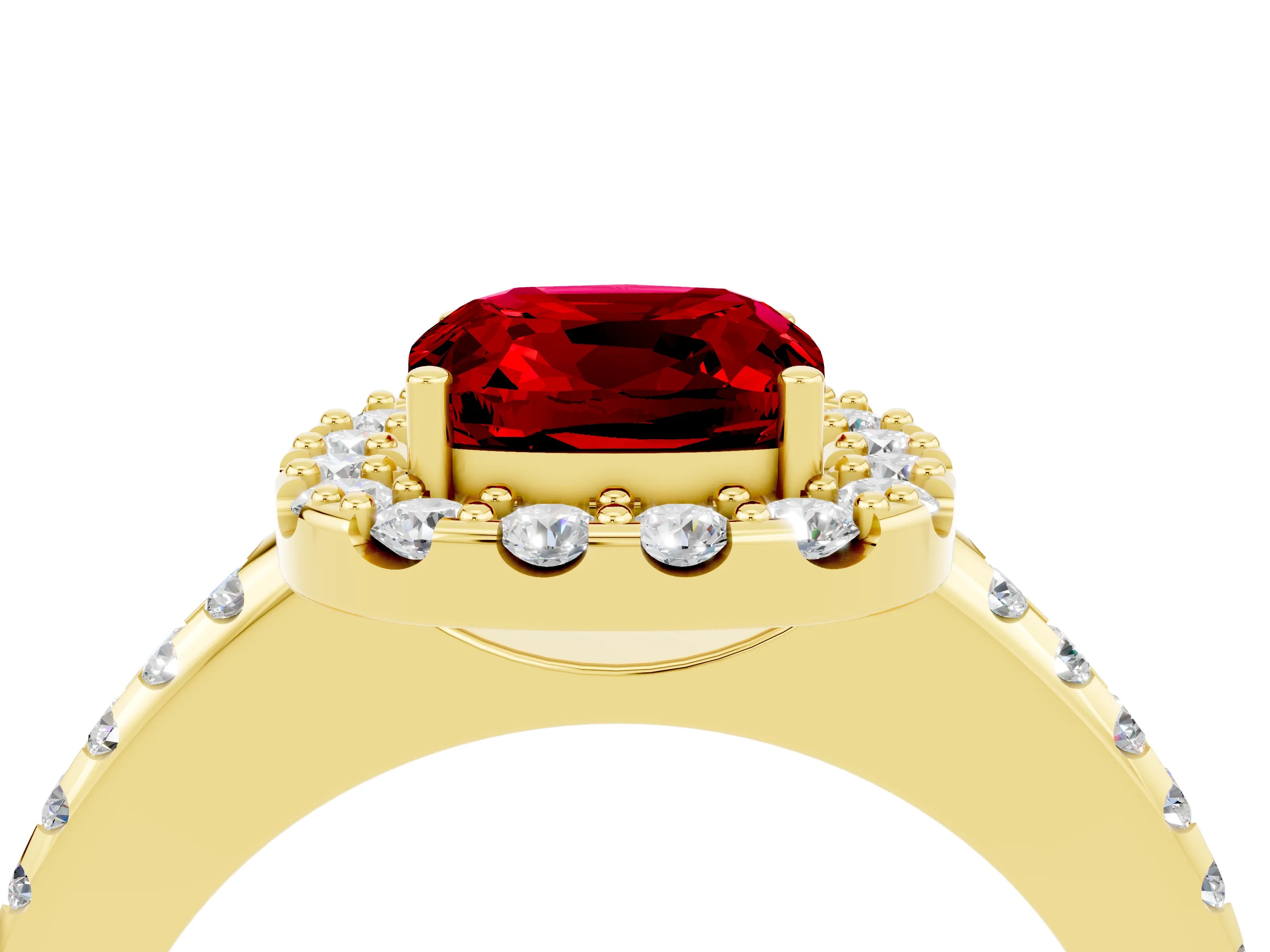 Yellow gold Cushion Cut Ruby Pavé Halo Ring with Four-Prong Setting_16