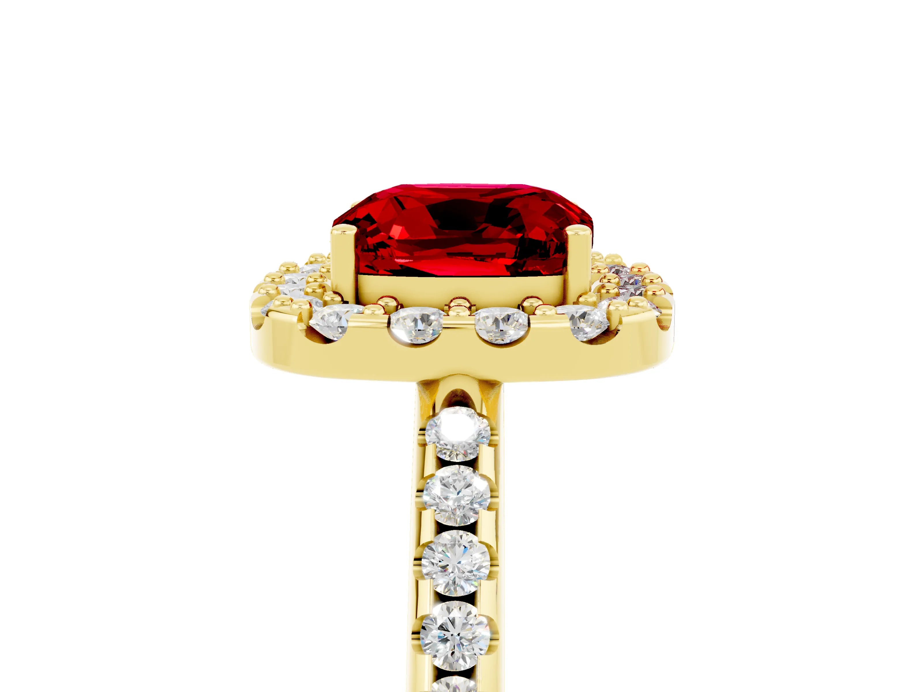 Yellow gold Cushion Cut Ruby Pavé Halo Ring with Four-Prong Setting_17