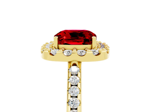 Yellow gold Cushion Cut Ruby Pavé Halo Ring with Four-Prong Setting_17