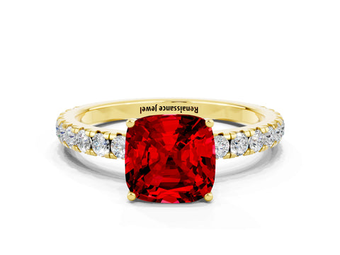 Yellow gold Cushion Cut Ruby Pavé Solitaire Engagement Ring with Four-Prong Setting_12