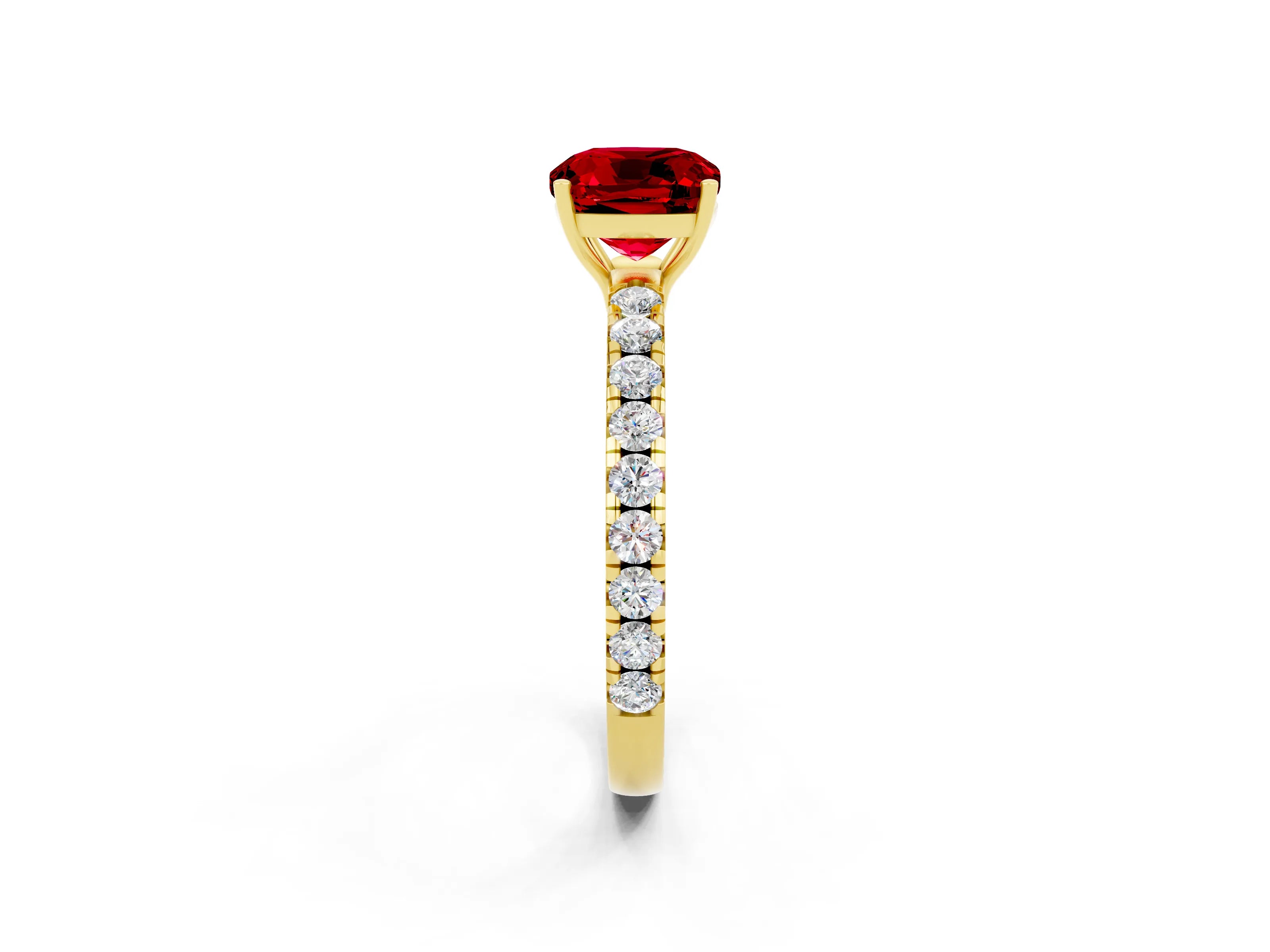 Yellow gold Cushion Cut Ruby Pavé Solitaire Engagement Ring with Four-Prong Setting_14
