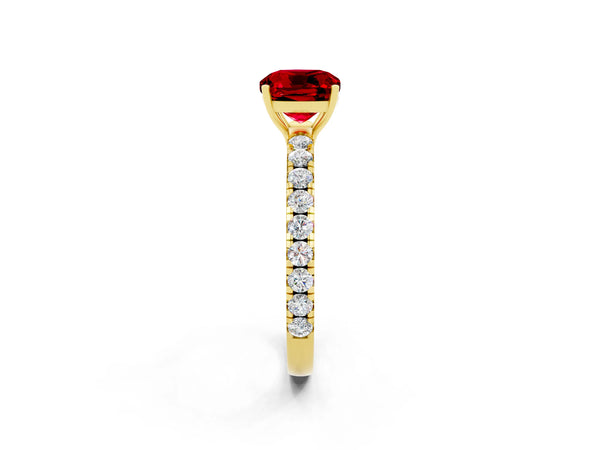 Yellow gold Cushion Cut Ruby Pavé Solitaire Engagement Ring with Four-Prong Setting