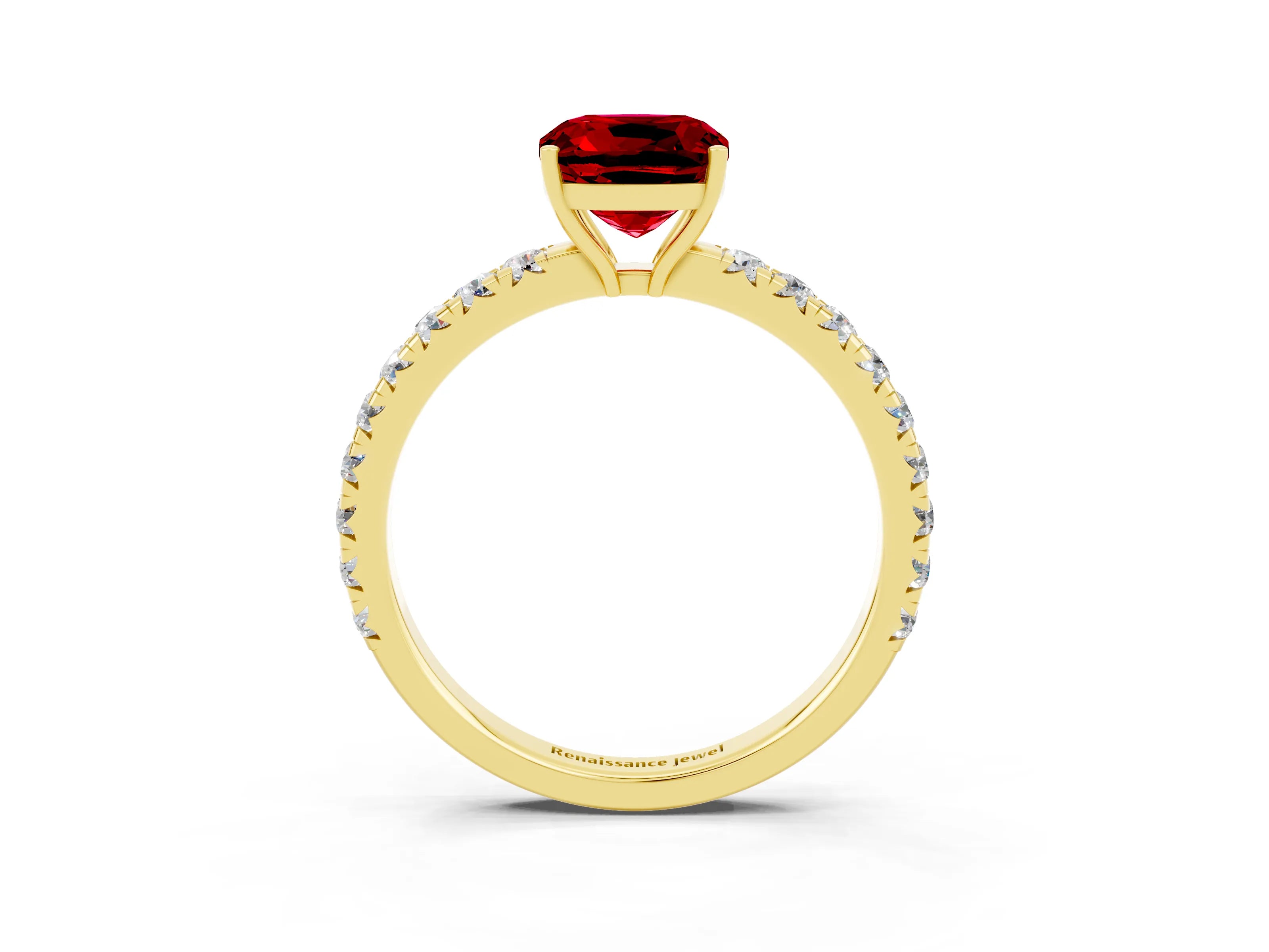 Yellow gold Cushion Cut Ruby Pavé Solitaire Engagement Ring with Four-Prong Setting_15