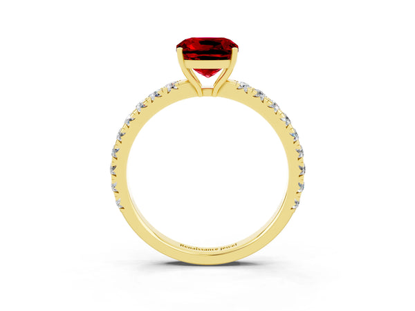 Yellow gold Cushion Cut Ruby Pavé Solitaire Engagement Ring with Four-Prong Setting