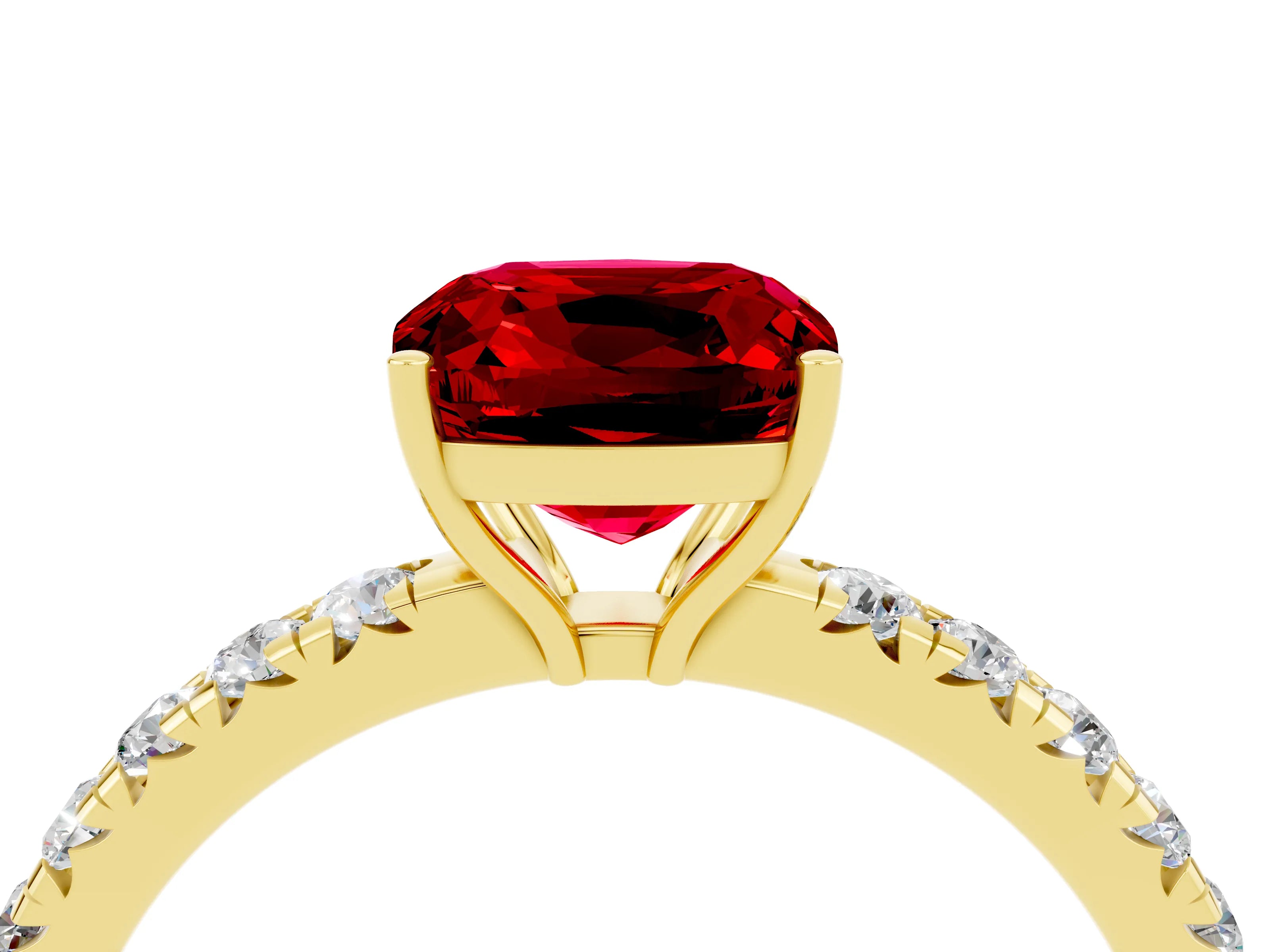 Yellow gold Cushion Cut Ruby Pavé Solitaire Engagement Ring with Four-Prong Setting_16