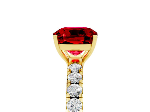 Yellow gold Cushion Cut Ruby Pavé Solitaire Engagement Ring with Four-Prong Setting_17