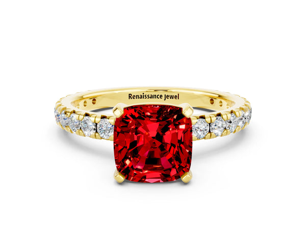 Yellow gold Cushion Cut Ruby Pavé Solitaire Ring with Round Band and Prong Setting