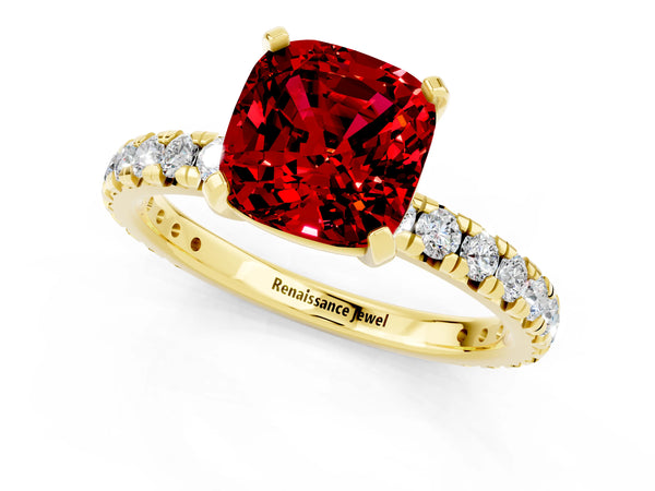 Yellow gold Cushion Cut Ruby Pavé Solitaire Ring with Round Band and Prong Setting