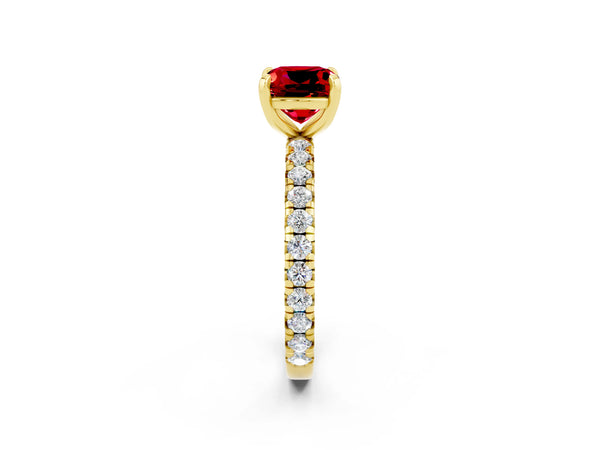 Yellow gold Cushion Cut Ruby Pavé Solitaire Ring with Round Band and Prong Setting