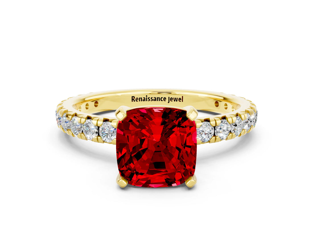 Yellow gold Cushion Cut Ruby Pavé Solitaire Ring with Round Band and Prong Setting_24