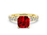 Yellow gold Cushion Cut Ruby Pavé Solitaire Ring with Round Band and Prong Setting_24