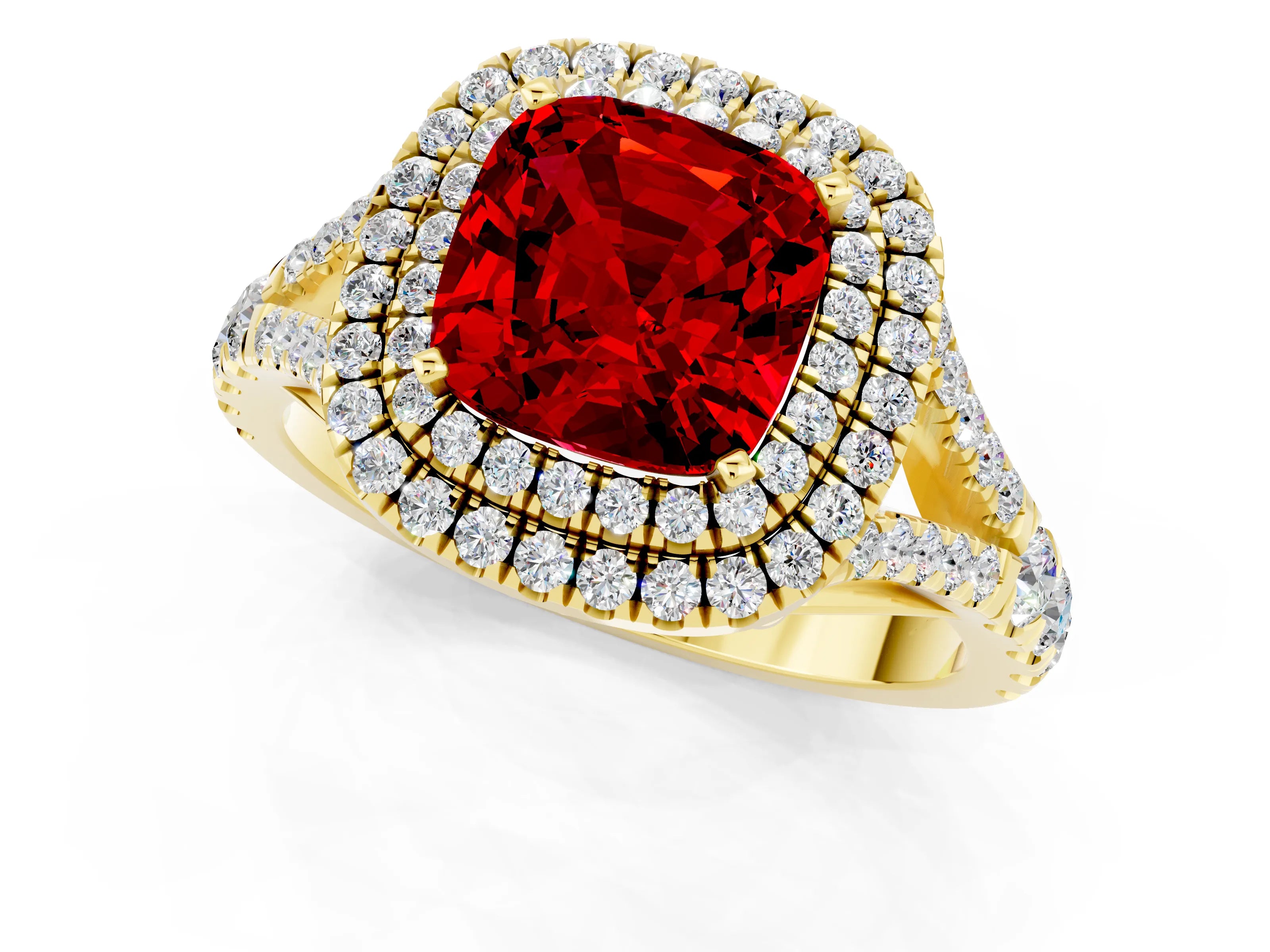 Yellow gold Cushion Cut Ruby Pavé Split Shank Double Halo Engagement Ring_1
