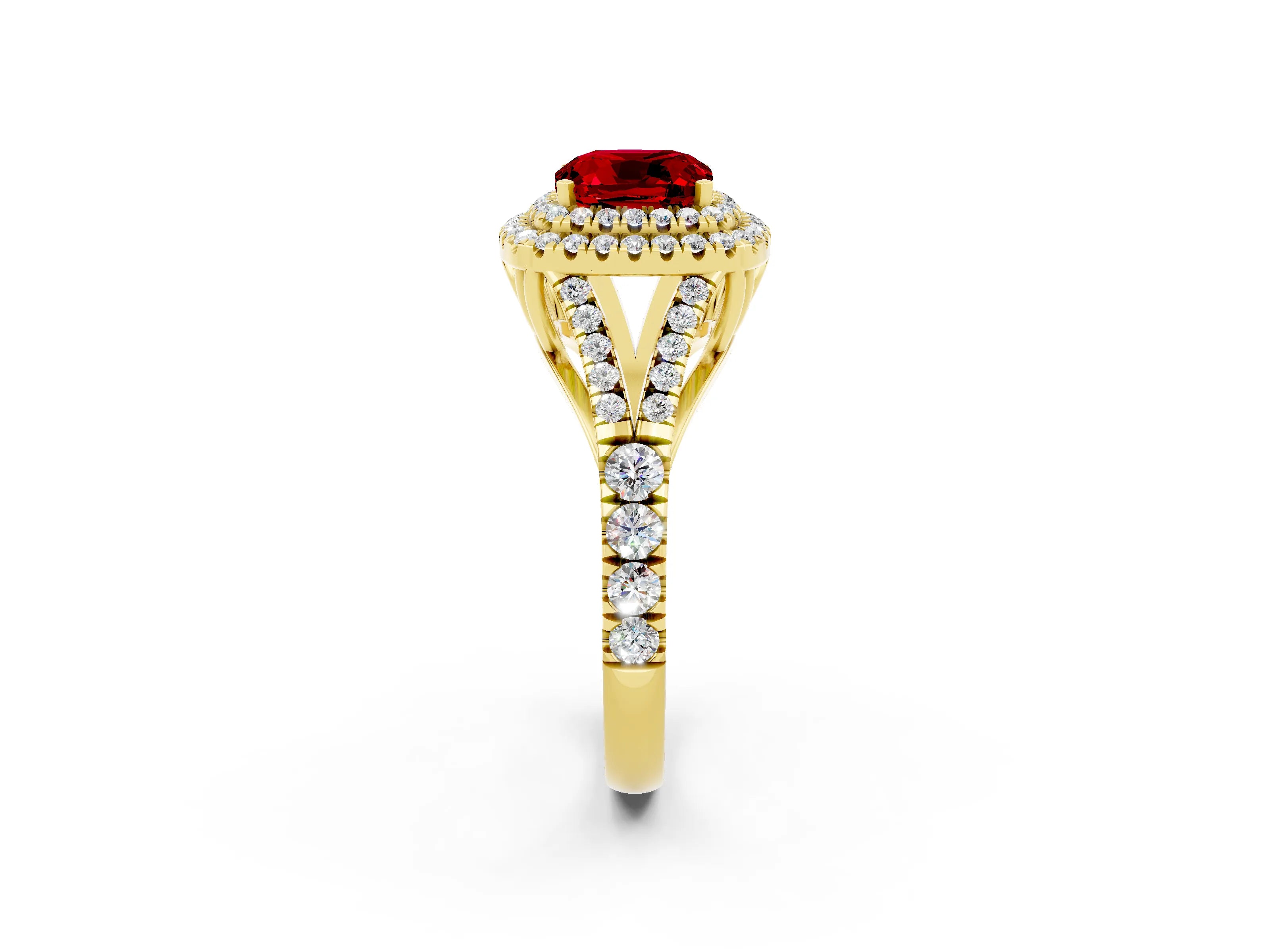 Yellow gold Cushion Cut Ruby Pavé Split Shank Double Halo Engagement Ring_2