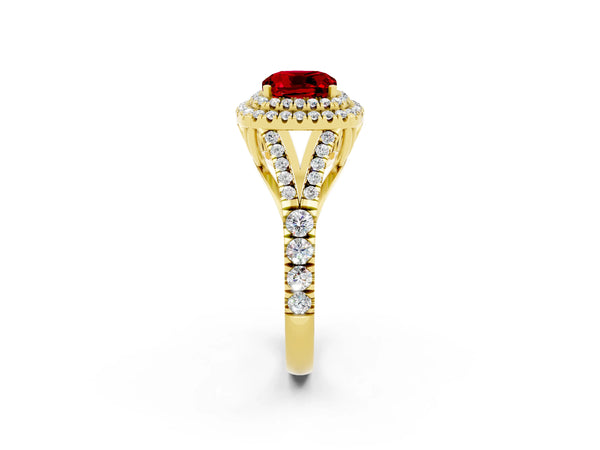 Yellow gold Cushion Cut Ruby Pavé Split Shank Double Halo Engagement Ring