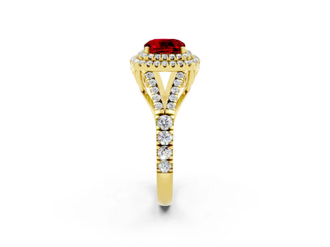 Yellow gold Cushion Cut Ruby Pavé Split Shank Double Halo Engagement Ring_2
