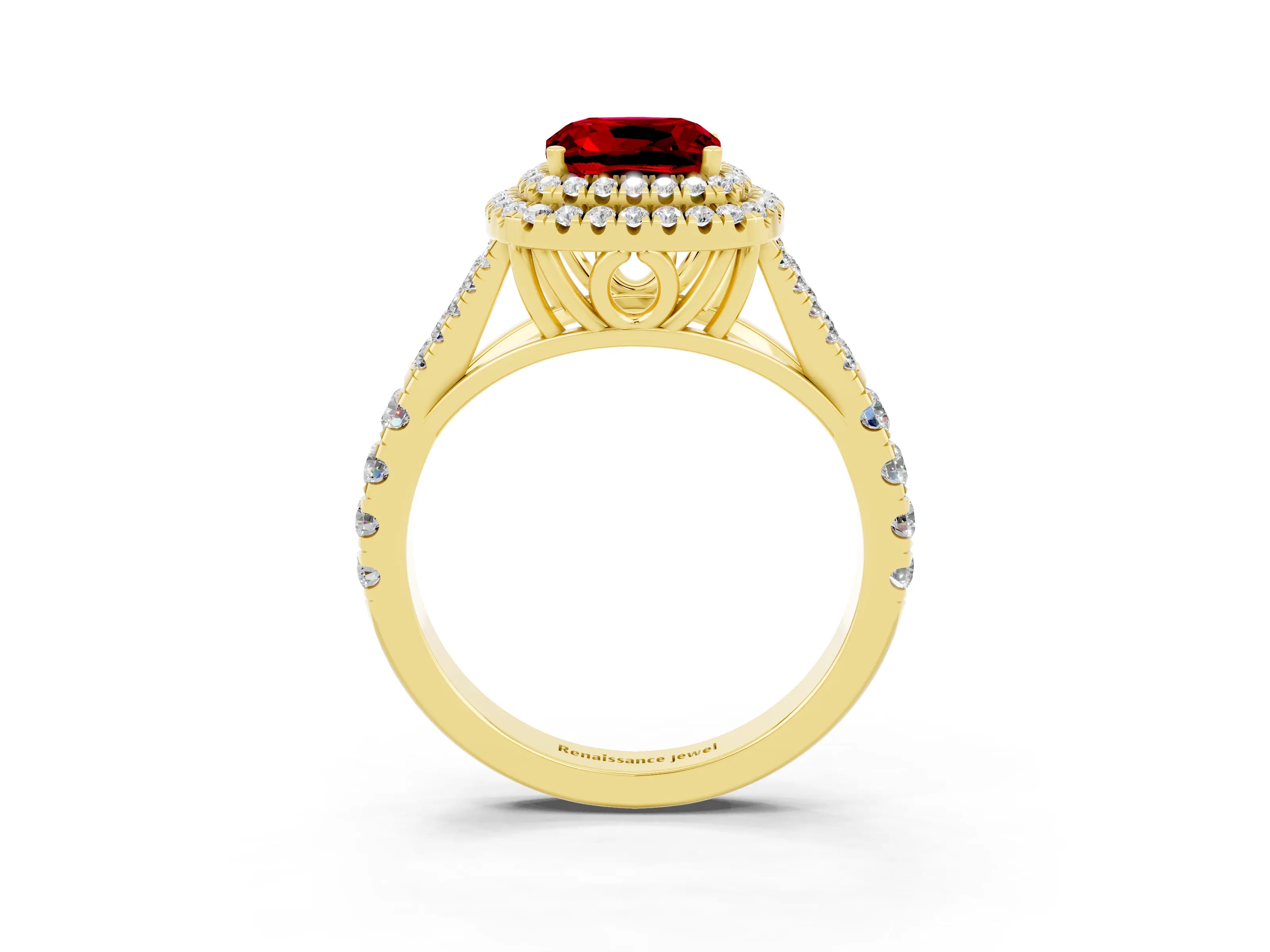 Yellow gold Cushion Cut Ruby Pavé Split Shank Double Halo Engagement Ring_3