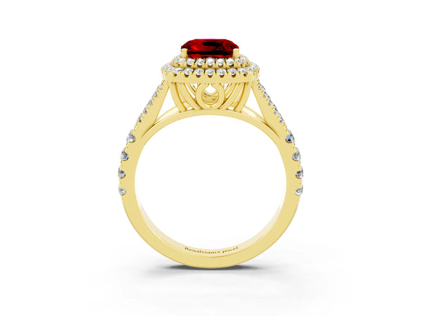 Yellow gold Cushion Cut Ruby Pavé Split Shank Double Halo Engagement Ring