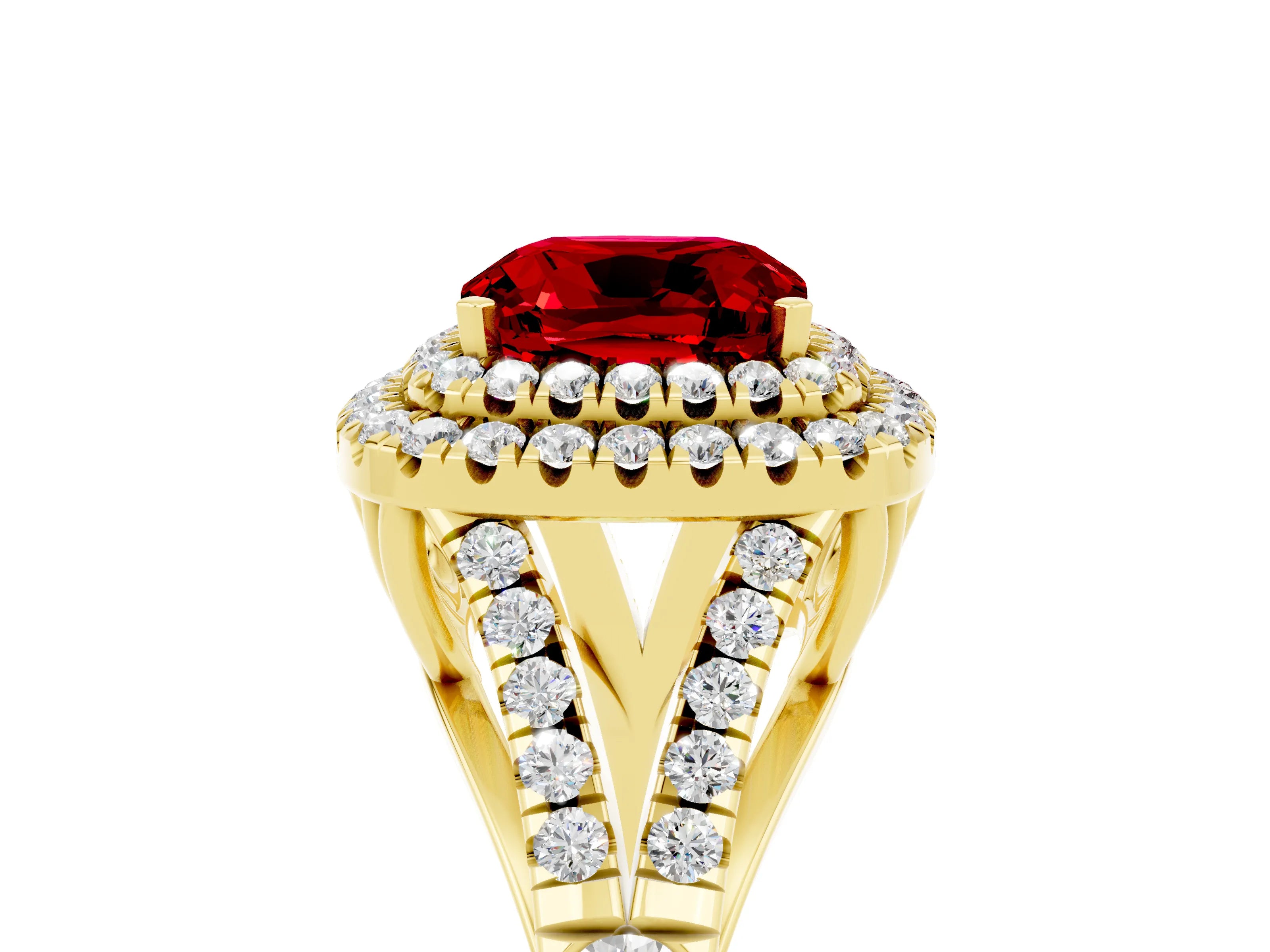 Yellow gold Cushion Cut Ruby Pavé Split Shank Double Halo Engagement Ring_5