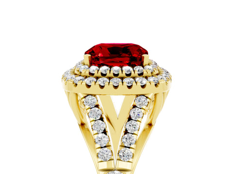 Yellow gold Cushion Cut Ruby Pavé Split Shank Double Halo Engagement Ring_5