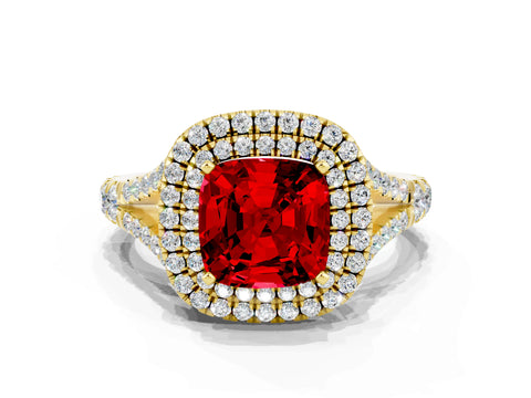 Yellow gold Cushion Cut Ruby Pavé Split Shank Double Halo Engagement Ring