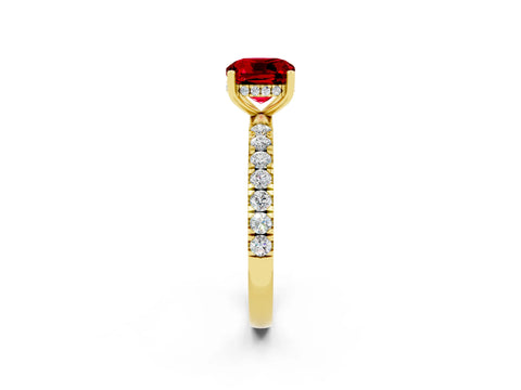 Yellow gold Cushion Cut Ruby Pave Band Solitaire Ring with Four-Prong Setting_26