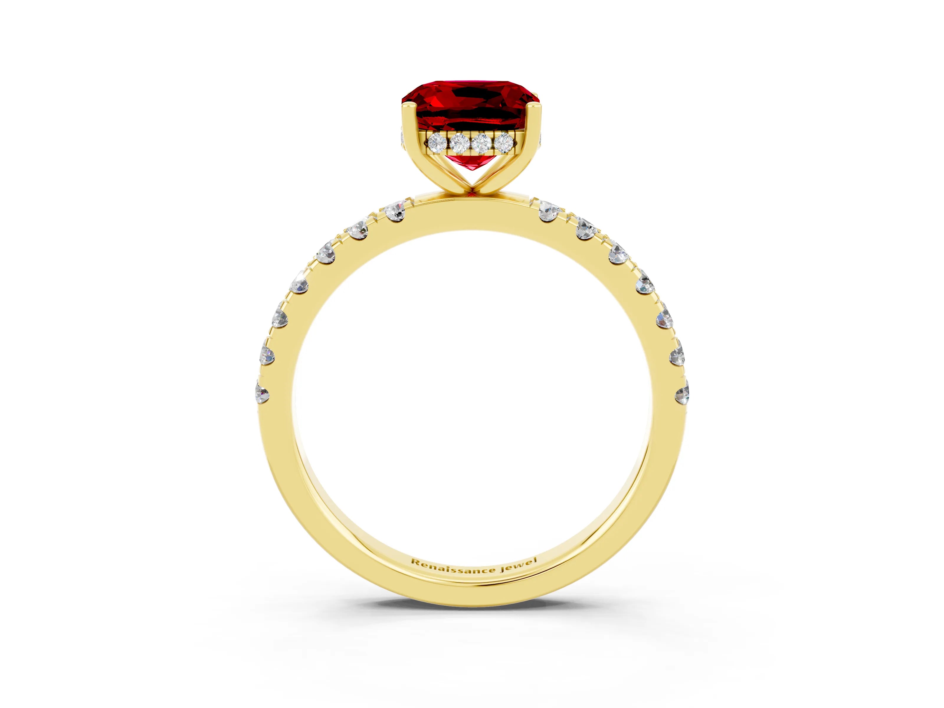 Yellow gold Cushion Cut Ruby Pave Band Solitaire Ring with Four-Prong Setting_27