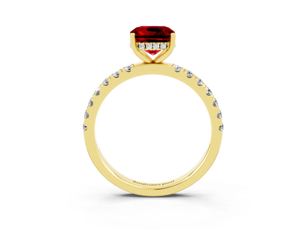 Yellow gold Cushion Cut Ruby Pave Band Solitaire Ring with Round  and Prong Setting