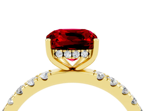 Yellow gold Cushion Cut Ruby Pave Band Solitaire Ring with Four-Prong Setting_28