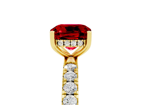Yellow gold Cushion Cut Ruby Pave Band Solitaire Ring with Four-Prong Setting_29
