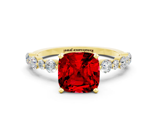 Yellow gold Cushion Cut Ruby Prong Set Engagement Ring with Pavé Band