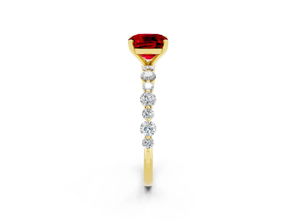 Yellow gold Cushion Cut Ruby Prong Set Engagement Ring with Pavé Band