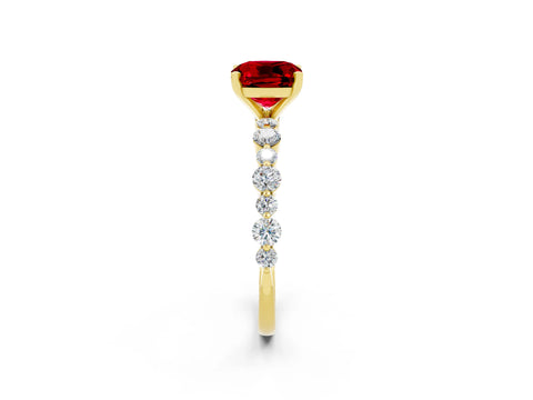Yellow gold Cushion Cut Ruby Prong Set Engagement Ring with Pavé Band_2