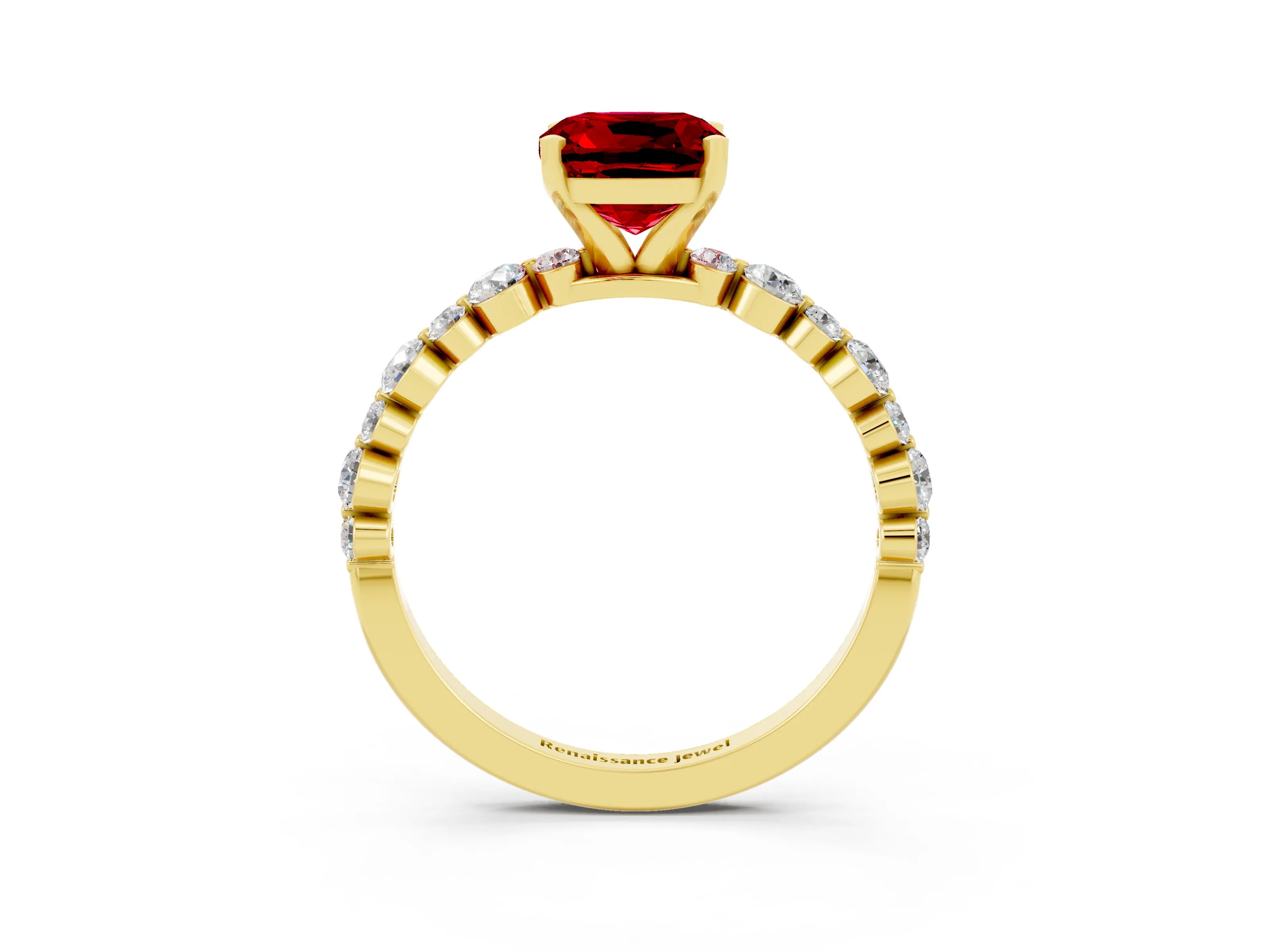 Yellow gold Cushion Cut Ruby Prong Set Engagement Ring with Pavé Band_3