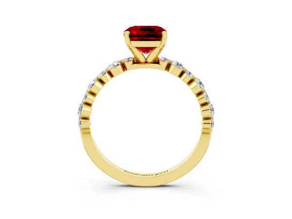 Yellow gold Cushion Cut Ruby Prong Set Engagement Ring with Pavé Band