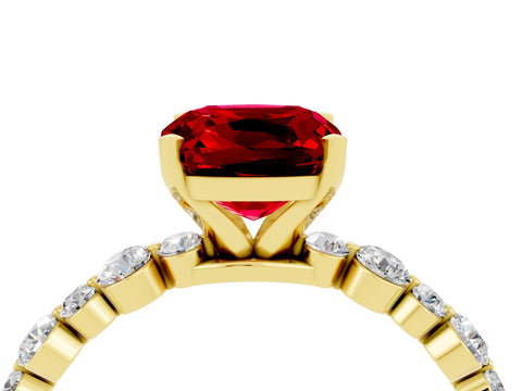 Yellow gold Cushion Cut Ruby Prong Set Engagement Ring with Pavé Band_4