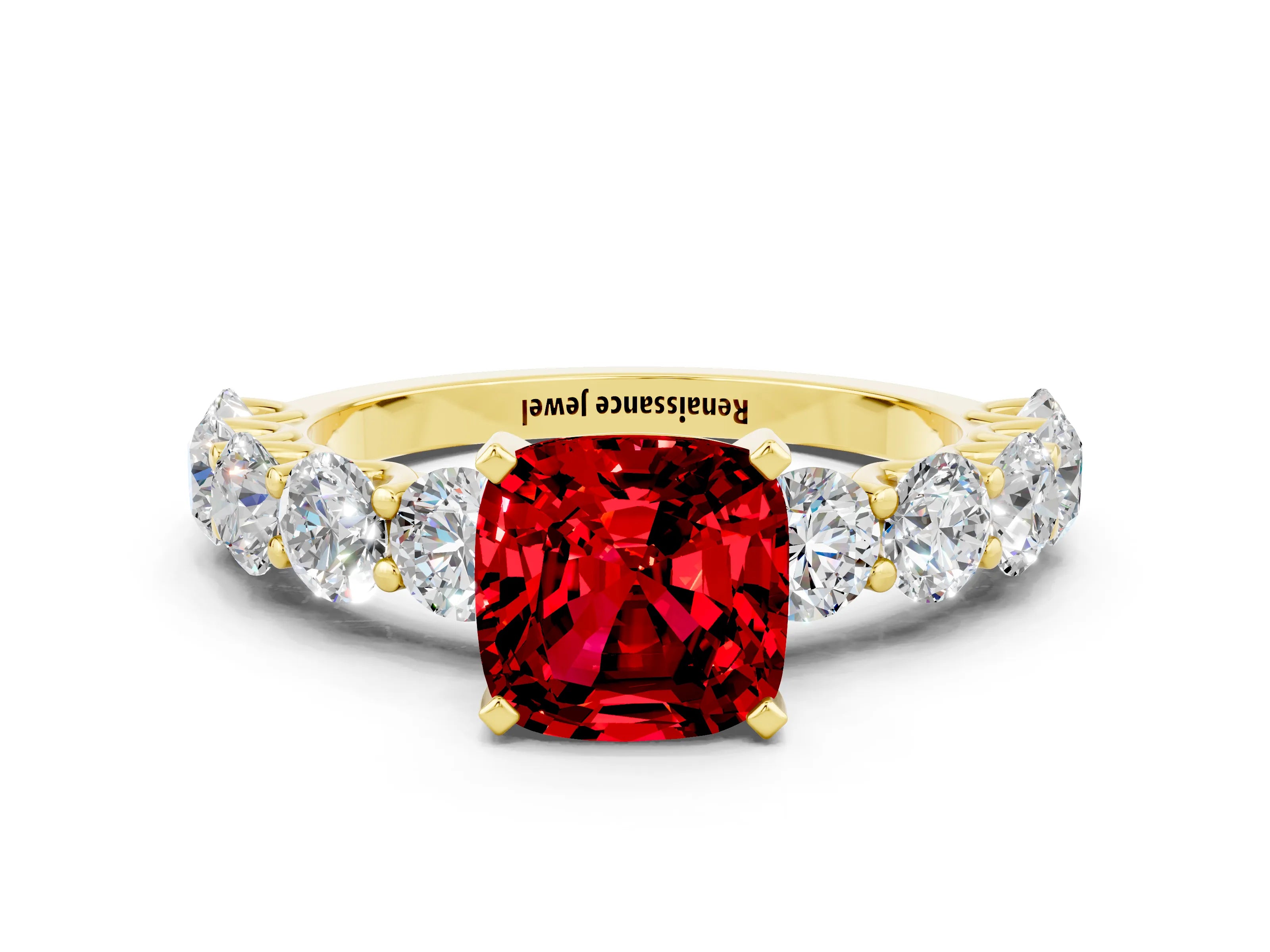 Yellow gold Cushion Cut Ruby Prong Setting with Side Stones on a Pave Band
